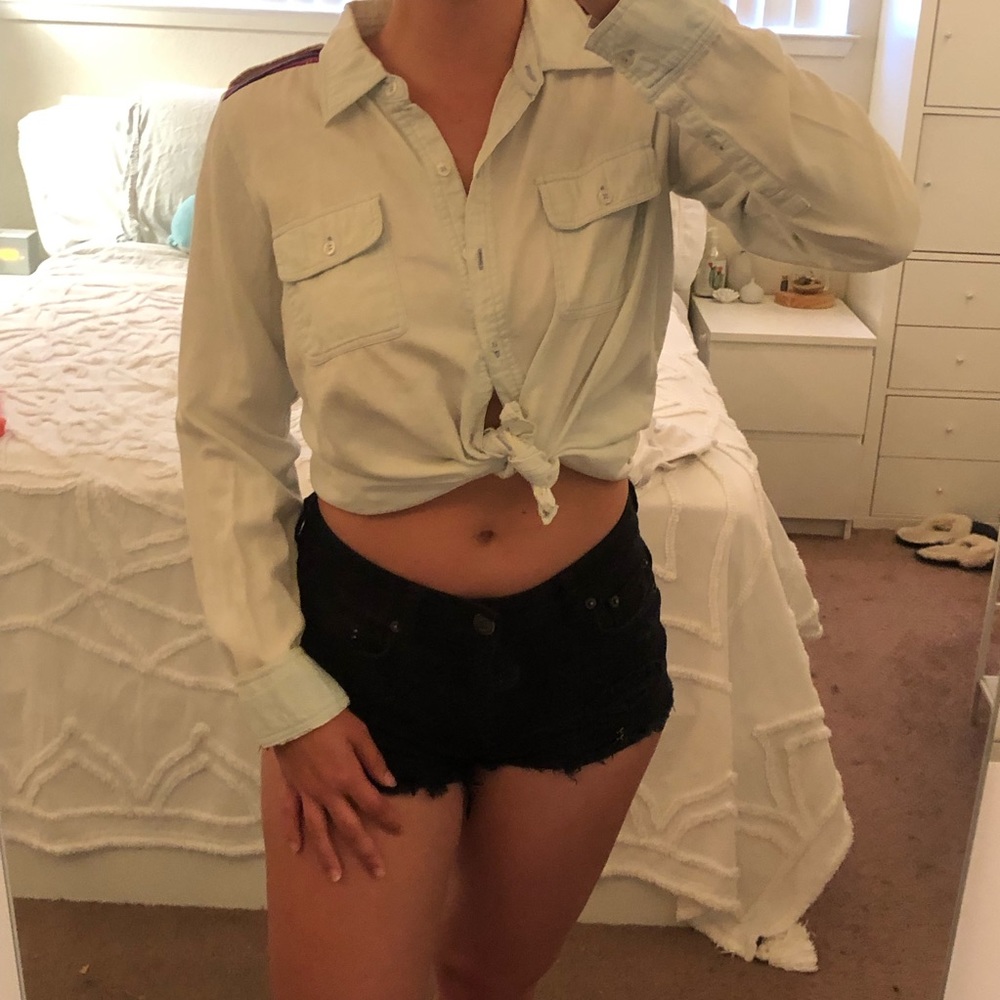 Denim Button Down Shirt With Patterned Upper Back - image 8